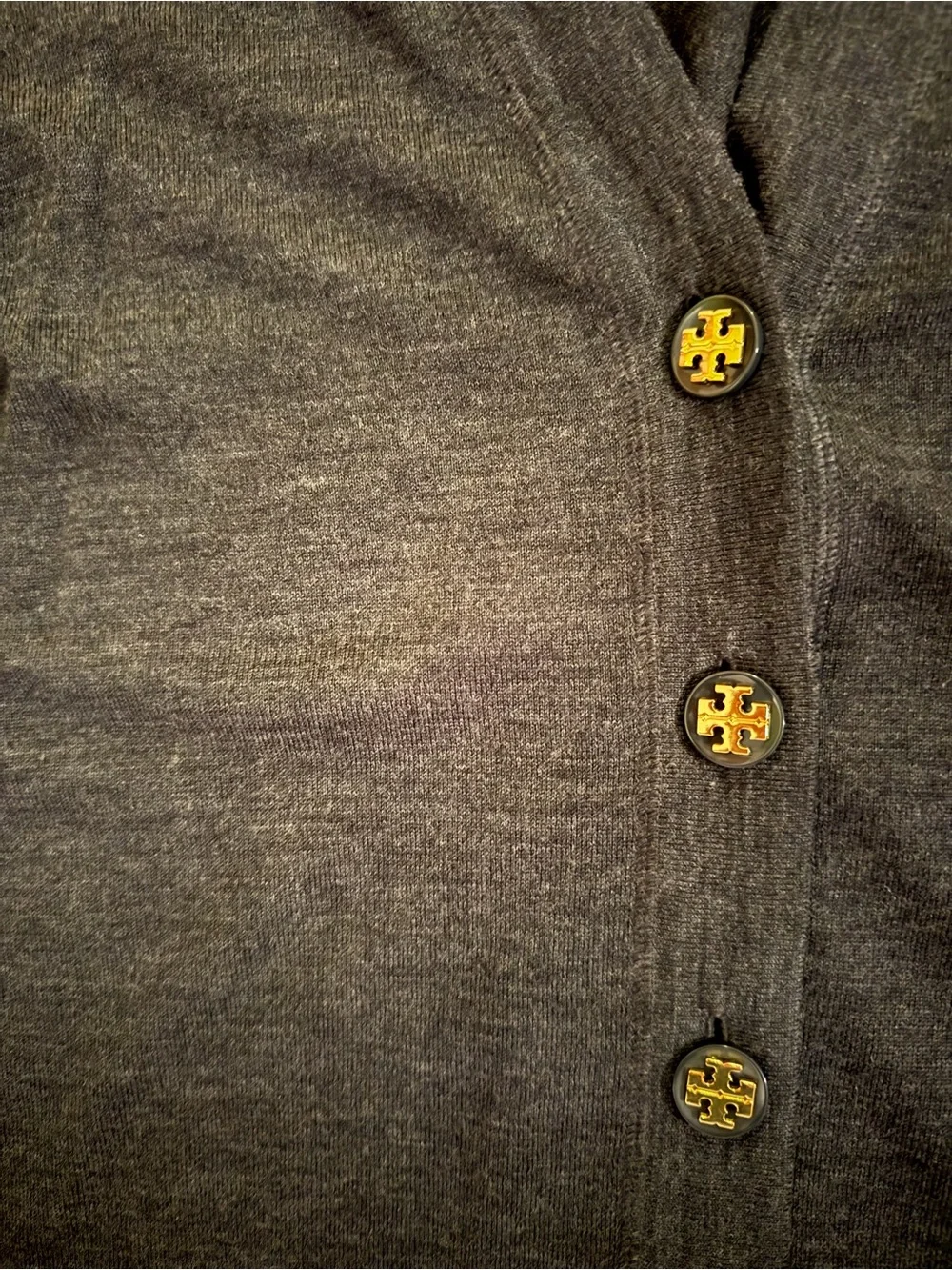 Tory Burch Charcoal Gray Cardigan with Gold Logo Buttons